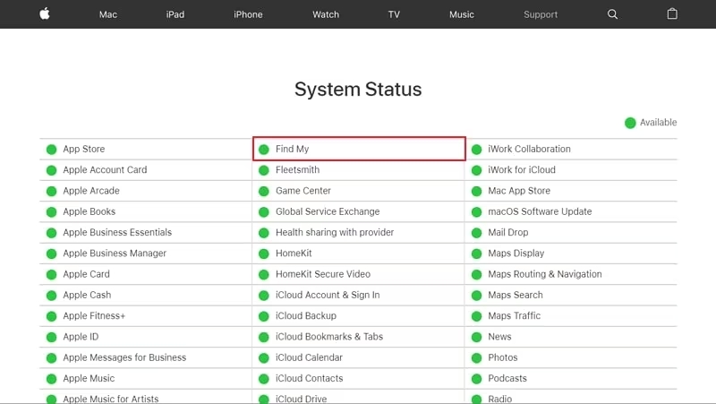 Apple's System Status Page | No Location Found