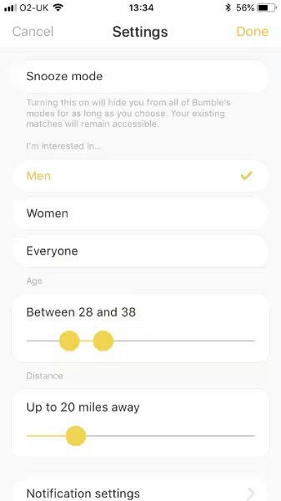 enable snooze mode | bumble snooze mode