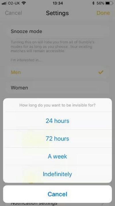 turn on snooze mode | bumble snooze mode