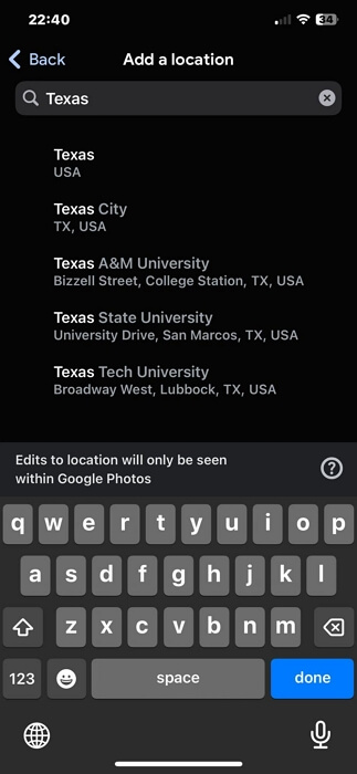 type a location Google Photos | Add Location to Photos on iPhone