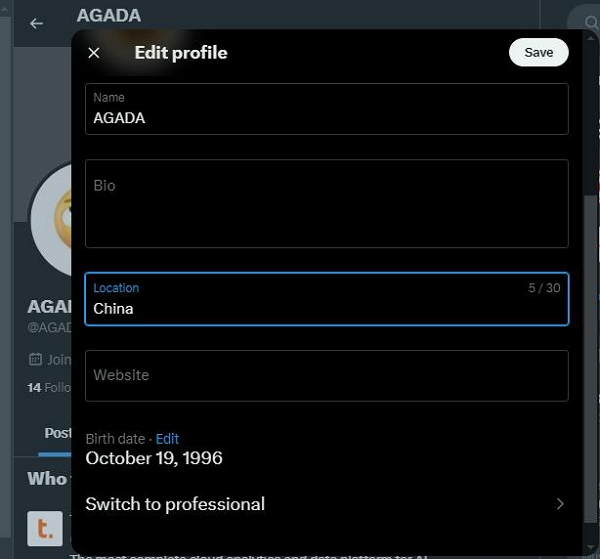 complete the operation | add location on twitter profil