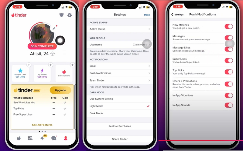manage notifications | how does the app tinder work