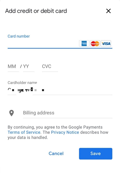 add the new payment method | Change Location in Google Account