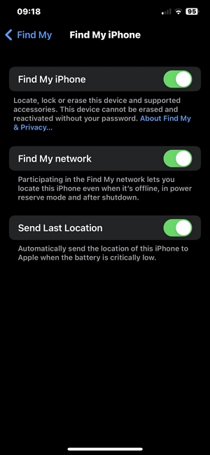 Tippen Sie auf „Mein iPhone suchen | Meinen Standort auf iMessage teilen“