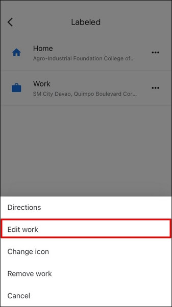 choose Edit Work | Update Location on iPhone