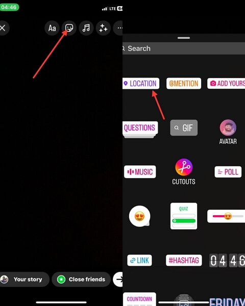 Klicken Sie auf „Sticker | Standort zu Instagram hinzufügen“