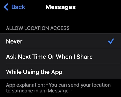 disallow iMessage to access location | Freeze Location on iMessage