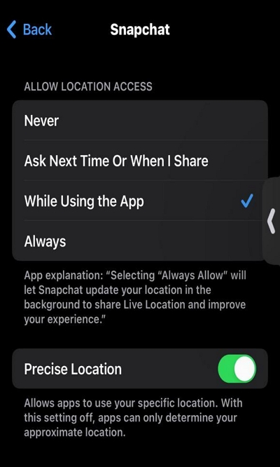 while using the app | when does your snapchat update location