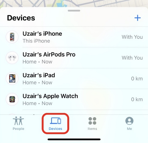 點擊“查找我的”|中的“設備”偵測 iPhone 和 Android 的假 GPS 位置
