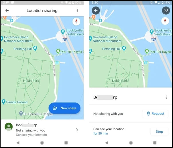 Drücken Sie Stopp | Standort auf Google Maps teilen