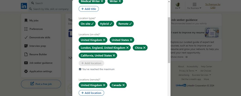 select the locations | change location on linkedIn
