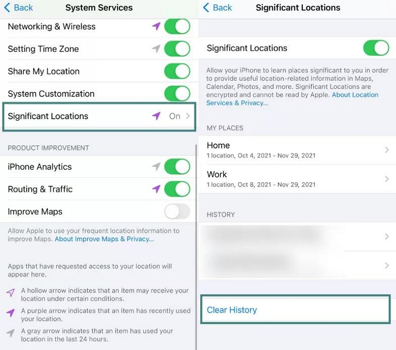 Clear History | Significant Locations iPhone