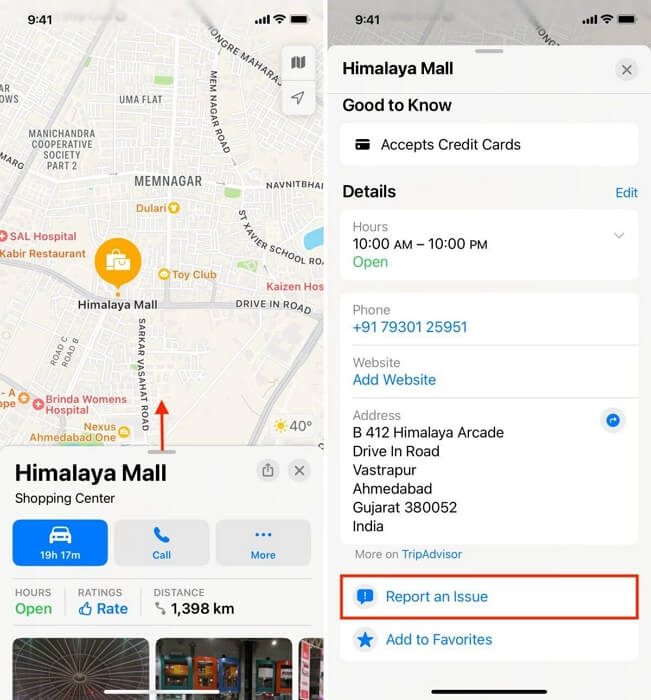 choose Report an Issue | Apple Maps Location Wrong