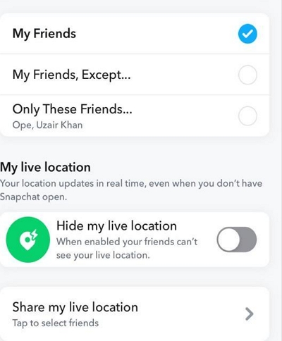 my friends except | when does your snapchat update location