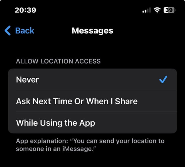 Wählen Sie „Nie“ für die Nachrichten-App | Standortfreigabe für iMessage beenden