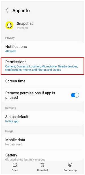 tap on Permissions | Turn Off Location On Snap