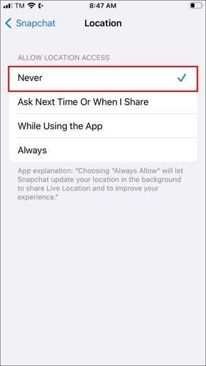 select Never to prevent Snapchat app | Turn Off Location On Snap