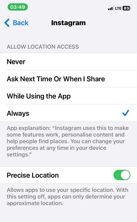 Wählen Sie „Immer | Standort funktioniert auf Instagram nicht“