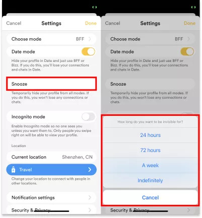 Switch on Snooze Mode | Turn Off Location on Bumble