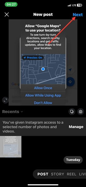 tap Next in Instagram new post | Send Location on Instagram