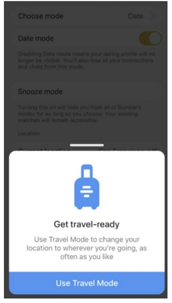 tap Use Travel Mode | Hide Location on Bumble