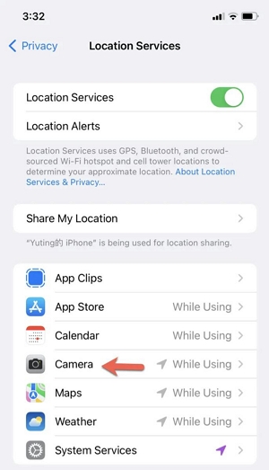select Camera | turn off location on photos