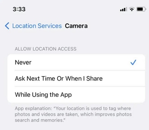 Tap on Never | turn off location on photos