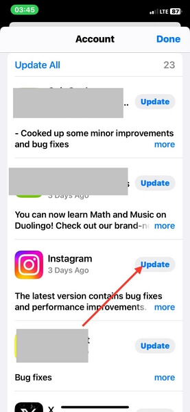 Klicken Sie auf „Update“ | Standort funktioniert auf Instagram nicht