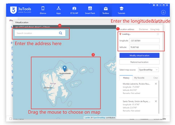 click Modify Virtual Location | Use 3uTools to Change iPhone Location