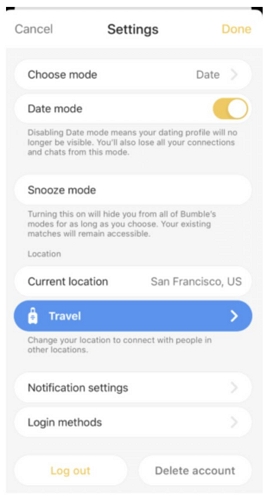 旅行模式 Bumble |邦布爾錯誤的位置