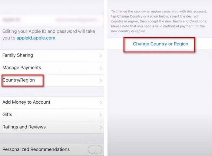 click Change Country or Region | Change Location on iPhone