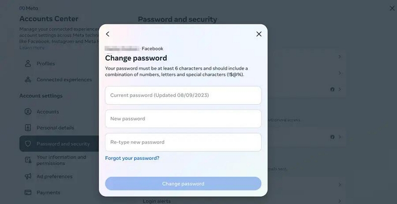 現在のパスワードと新しいパスワード | Facebook はログアウトを続ける