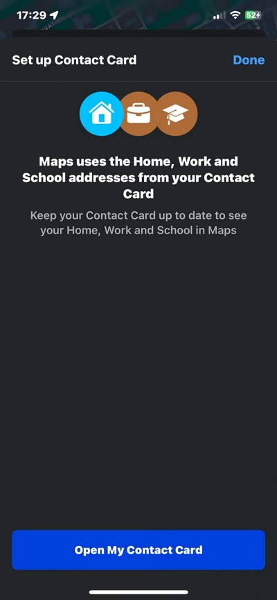 open my contact card | change home address iphone