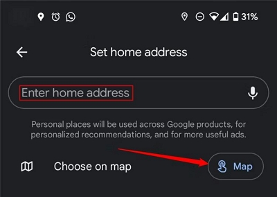 輸入您的新家庭住址 |更改 Google 地圖上的家庭位置