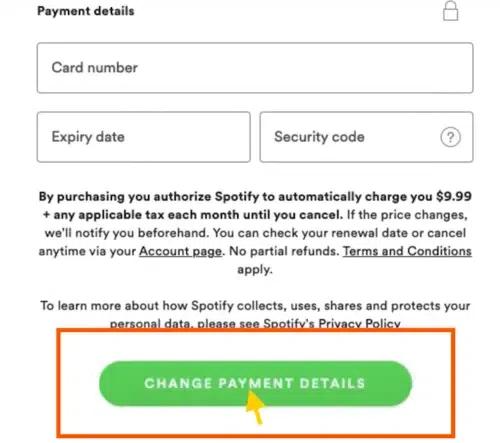 fill in payment method | Change Location on Spotify