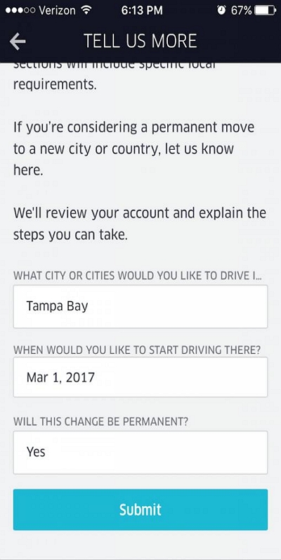 新しい都市を選択 | Uberドライバーの所在地を変更する方法