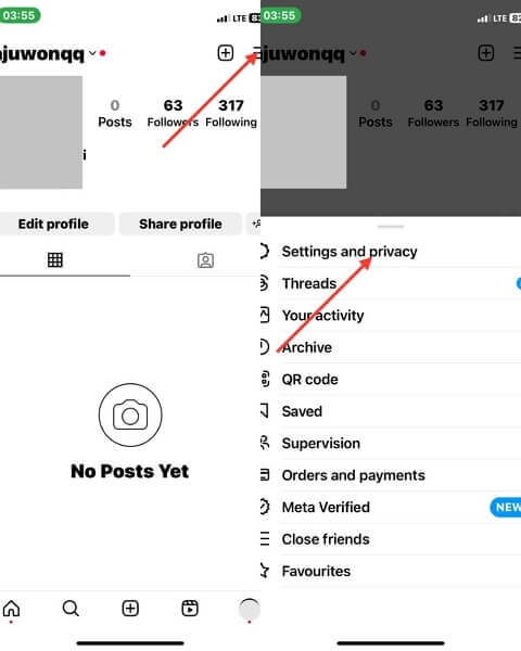 設定とプライバシーをクリック | Instagramで位置情報が機能しない
