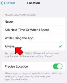 select Always | Life360 Not Updating Location