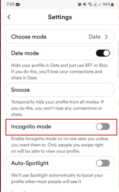 incognito mode | bumble incognito mode