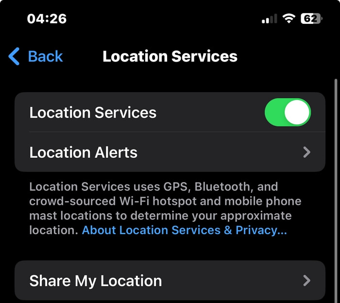 select Location Services | Apple Maps Location Wrong