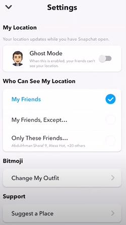 2人を除くすべての友達と位置情報を共有する | Snapchatで位置情報を共有する方法