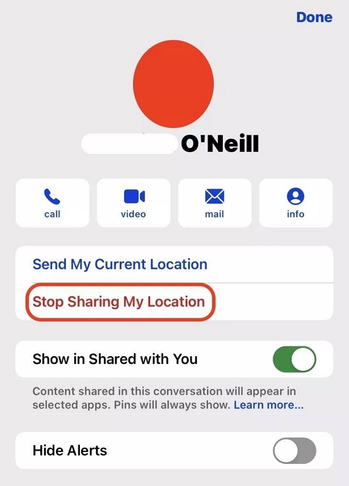 點擊“停止分享我的位置”停止在 iMessage 上共享位置