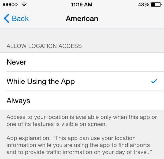 對於應用程式位置權限選擇從不 |關閉 iPhone 的 GPS