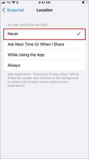 選擇從不阻止 Snapchat 應用程式 |關閉快照位置