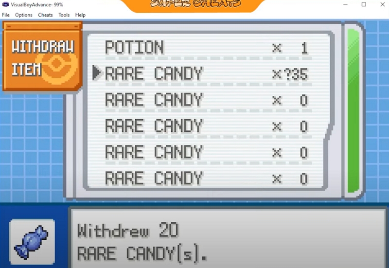 withdraw Rare Candies | pokemon fire red rare candy cheat