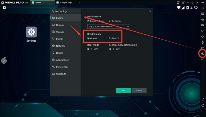 incorrect graphic render modes | MEmu fake gps not working