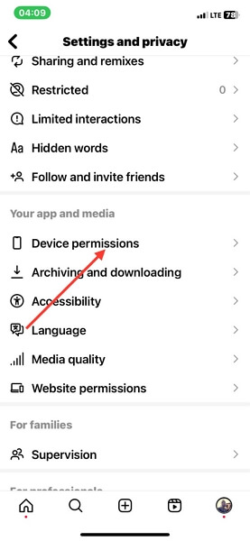 click Device permissions | Location Not Working on Instagram