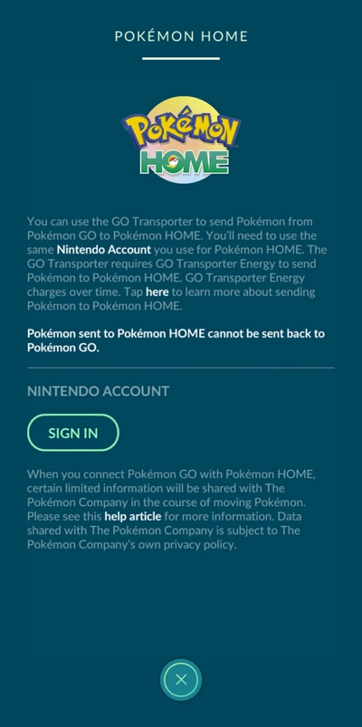 Sign In | transferring pokemon from go to home