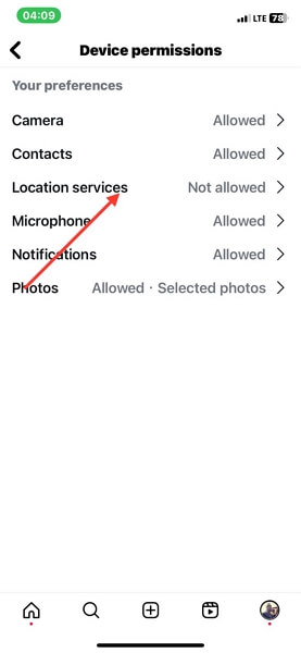 位置情報サービスをタップ | Instagram で位置情報が機能しない