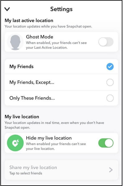 スナップマップの位置情報を見ることができるユーザーを設定する | Snapchat で位置情報を変更する